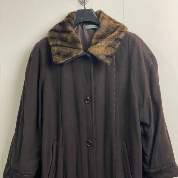 Vintage XL Made in Italy brown trench coat fur collar winter lambs wool classic - Picture 2 of 12
